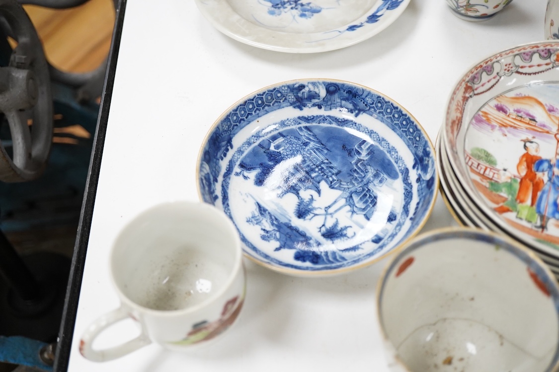 A group of 18th century Chinese export porcelain tea and coffee ware, including Mandarin pattern teapot and cover, two coffee cups and saucers, a blue and white teapot and cover various famille rose coffee cups, etc.